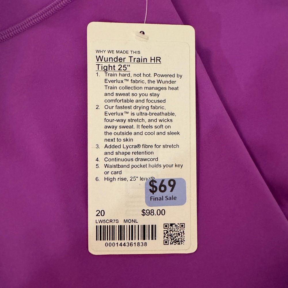 NWT lululemon Wunder Train HR Tight 25”